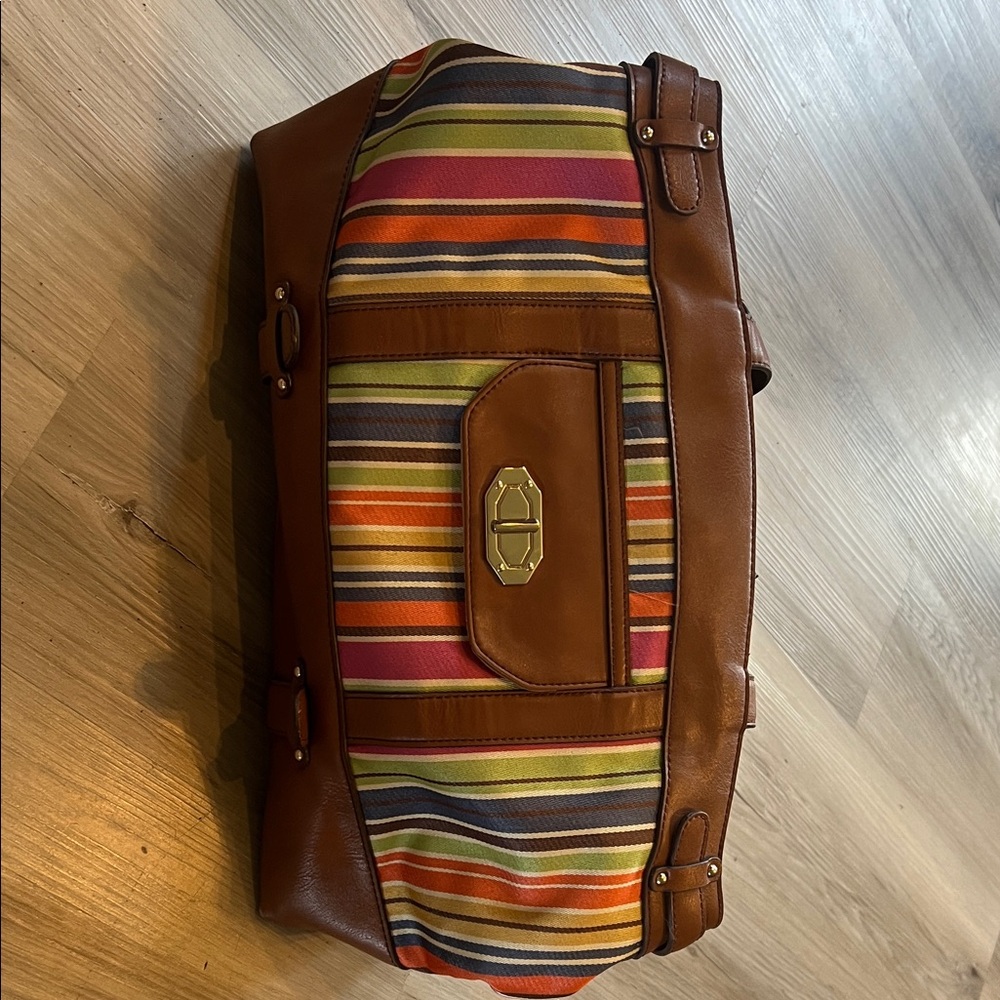 Etienne Aigner Brown Faux-Leather & Multicolor Striped Weekender